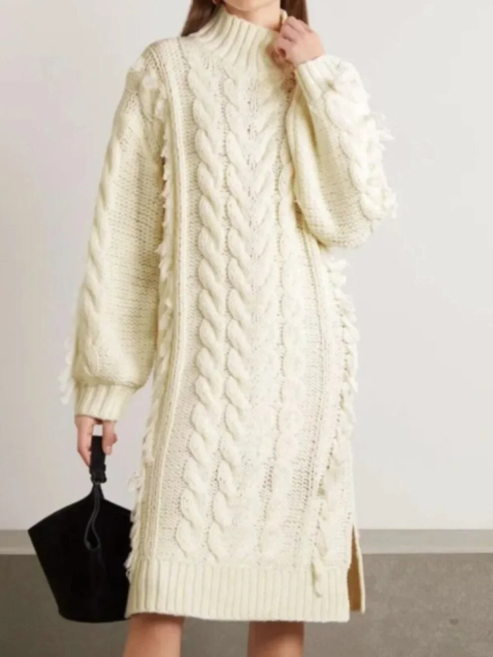 NWT FARM Rio White Cable Knit Fringe Long Sleeve Sweaterdress Pullover Size L - Picture 6 of 15
